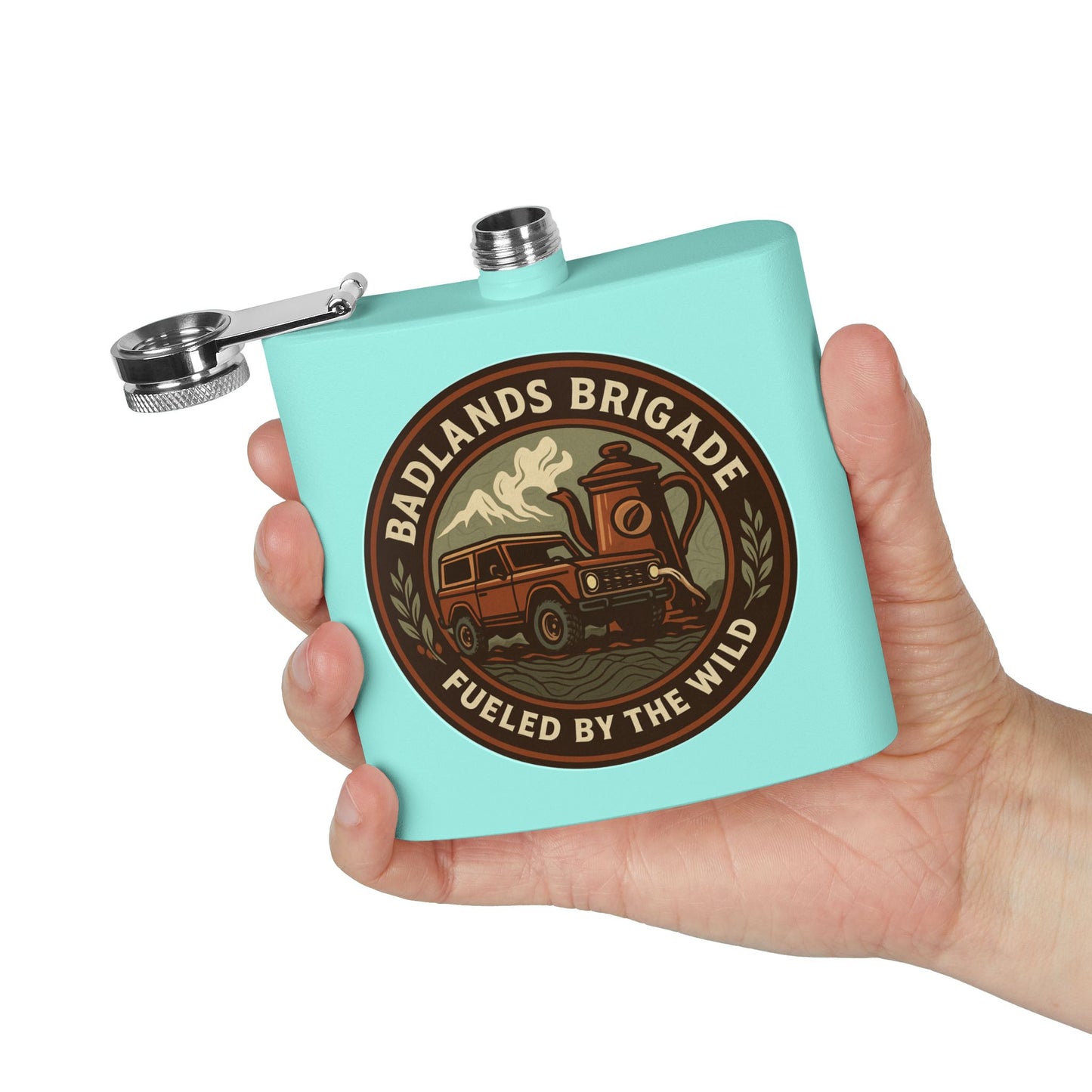 Fueled by the Wild - Badlands Brigade, Outdoor Adventure Stainless Steel Flask - Badlands Brigade Design
