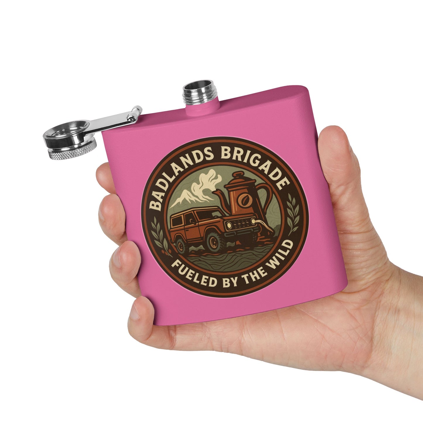 Fueled by the Wild - Badlands Brigade, Outdoor Adventure Stainless Steel Flask - Badlands Brigade Design