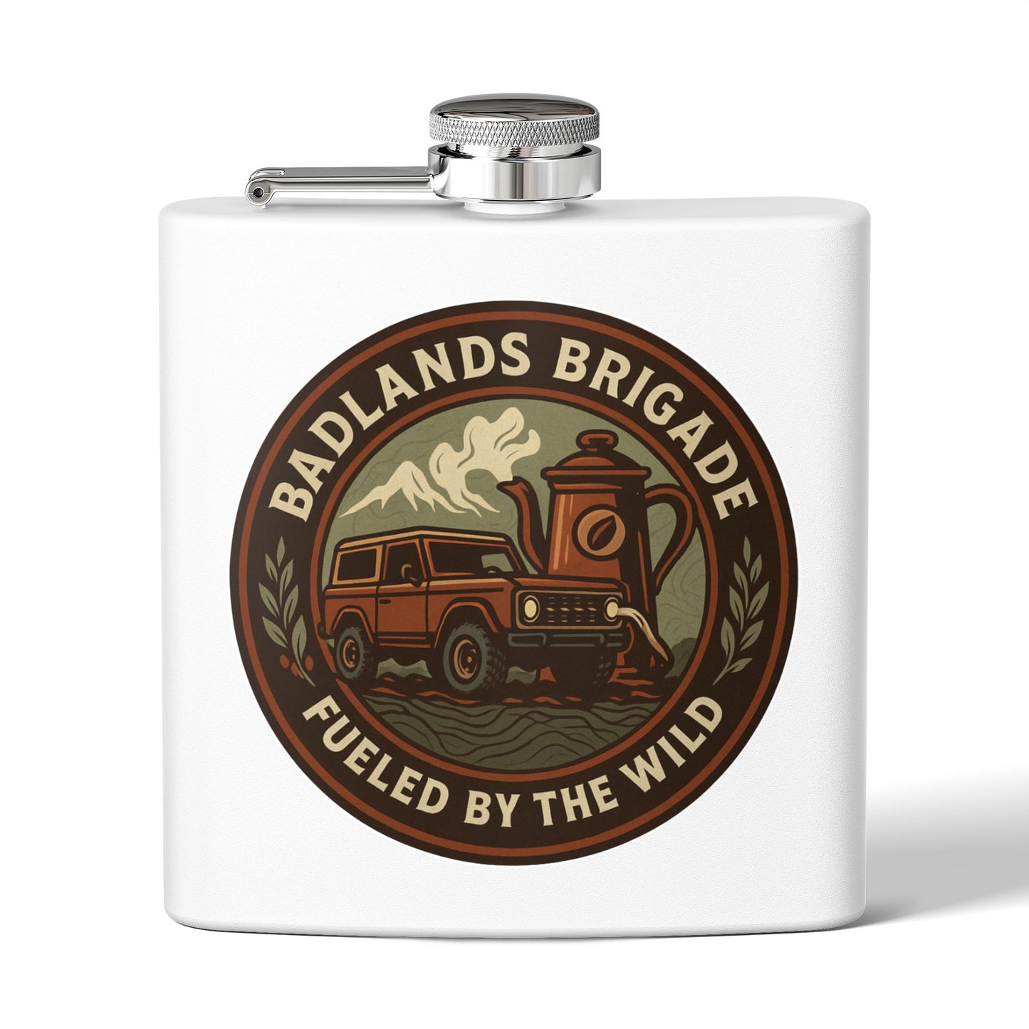 Fueled by the Wild - Badlands Brigade, Outdoor Adventure Stainless Steel Flask - Badlands Brigade Design