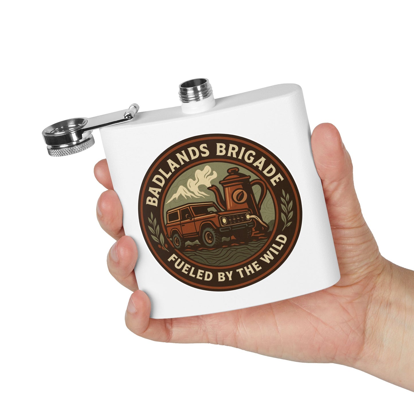 Fueled by the Wild - Badlands Brigade, Outdoor Adventure Stainless Steel Flask - Badlands Brigade Design