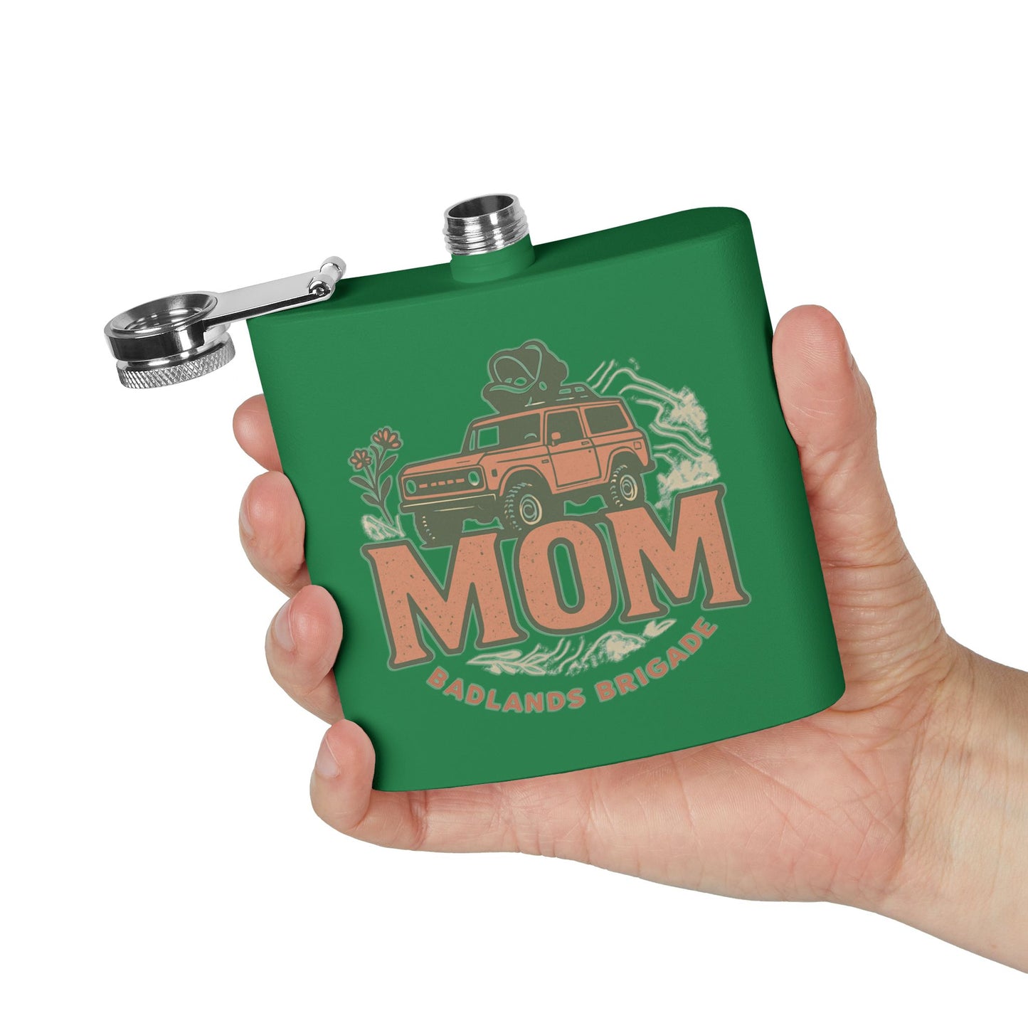 MOM's Adventure Flask - 6oz Stainless Steel Hip Flask with Badlands Brigade Design