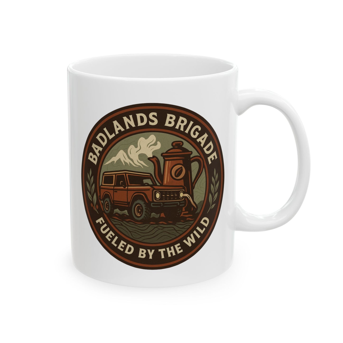 Fueled by the Wild - Badlands Brigade, Adventure-Themed Ceramic Mug - Badlands Brigade Design