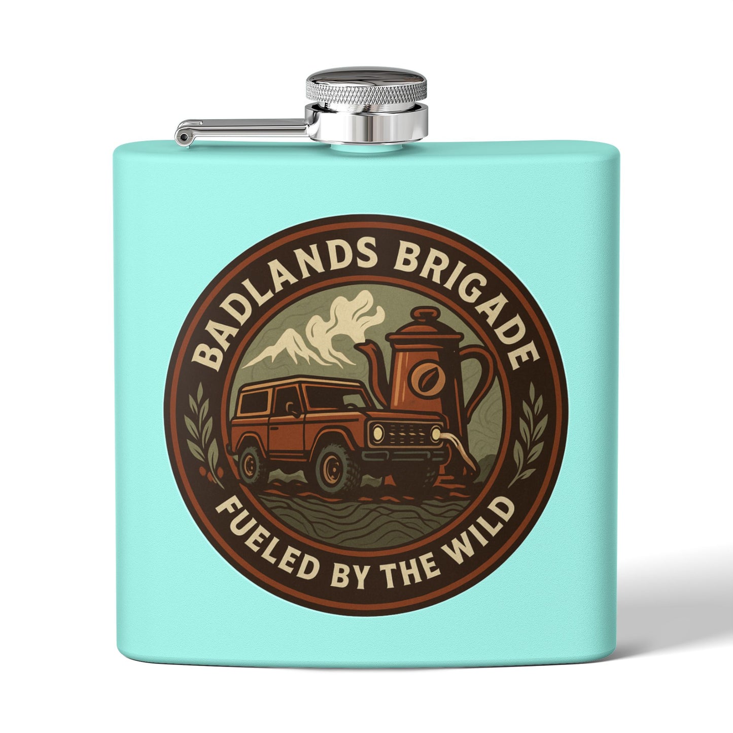 Fueled by the Wild - Badlands Brigade, Outdoor Adventure Stainless Steel Flask - Badlands Brigade Design