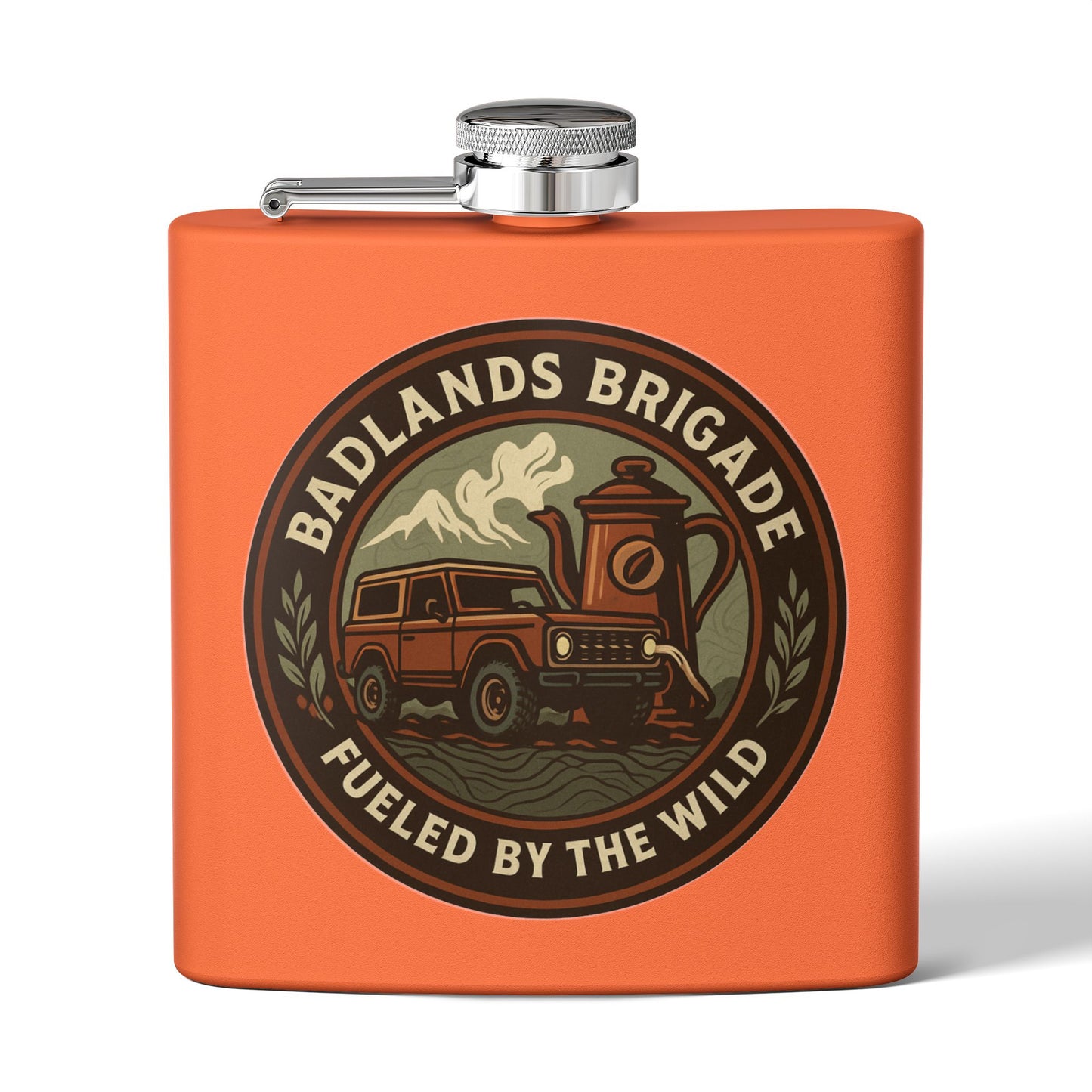 Fueled by the Wild - Badlands Brigade, Outdoor Adventure Stainless Steel Flask - Badlands Brigade Design