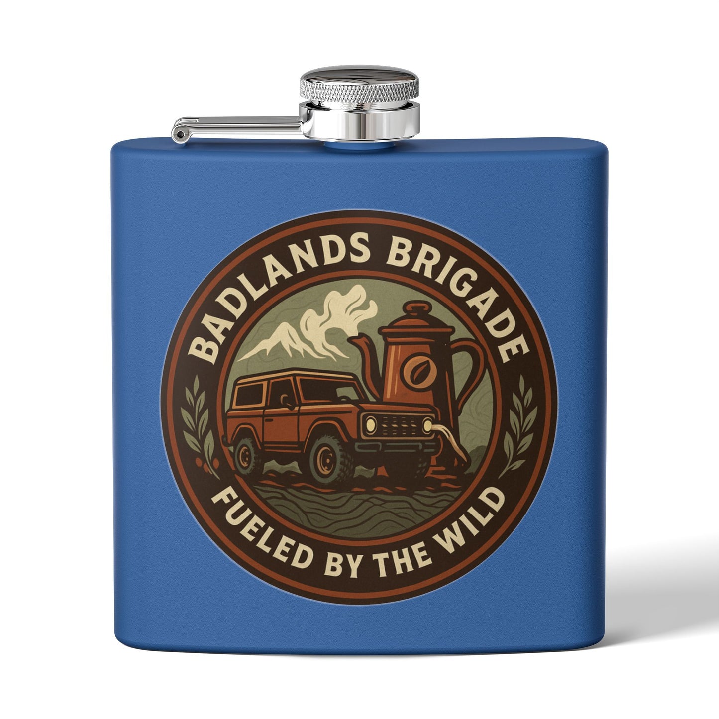 Fueled by the Wild - Badlands Brigade, Outdoor Adventure Stainless Steel Flask - Badlands Brigade Design