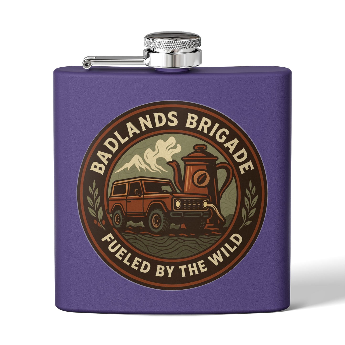 Fueled by the Wild - Badlands Brigade, Outdoor Adventure Stainless Steel Flask - Badlands Brigade Design