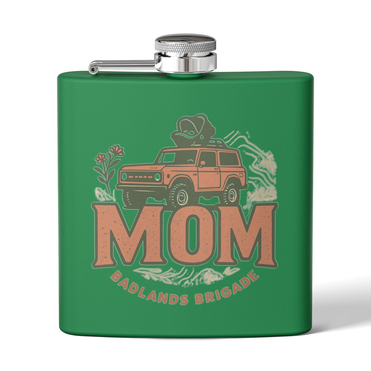 MOM's Adventure Flask - 6oz Stainless Steel Hip Flask with Badlands Brigade Design