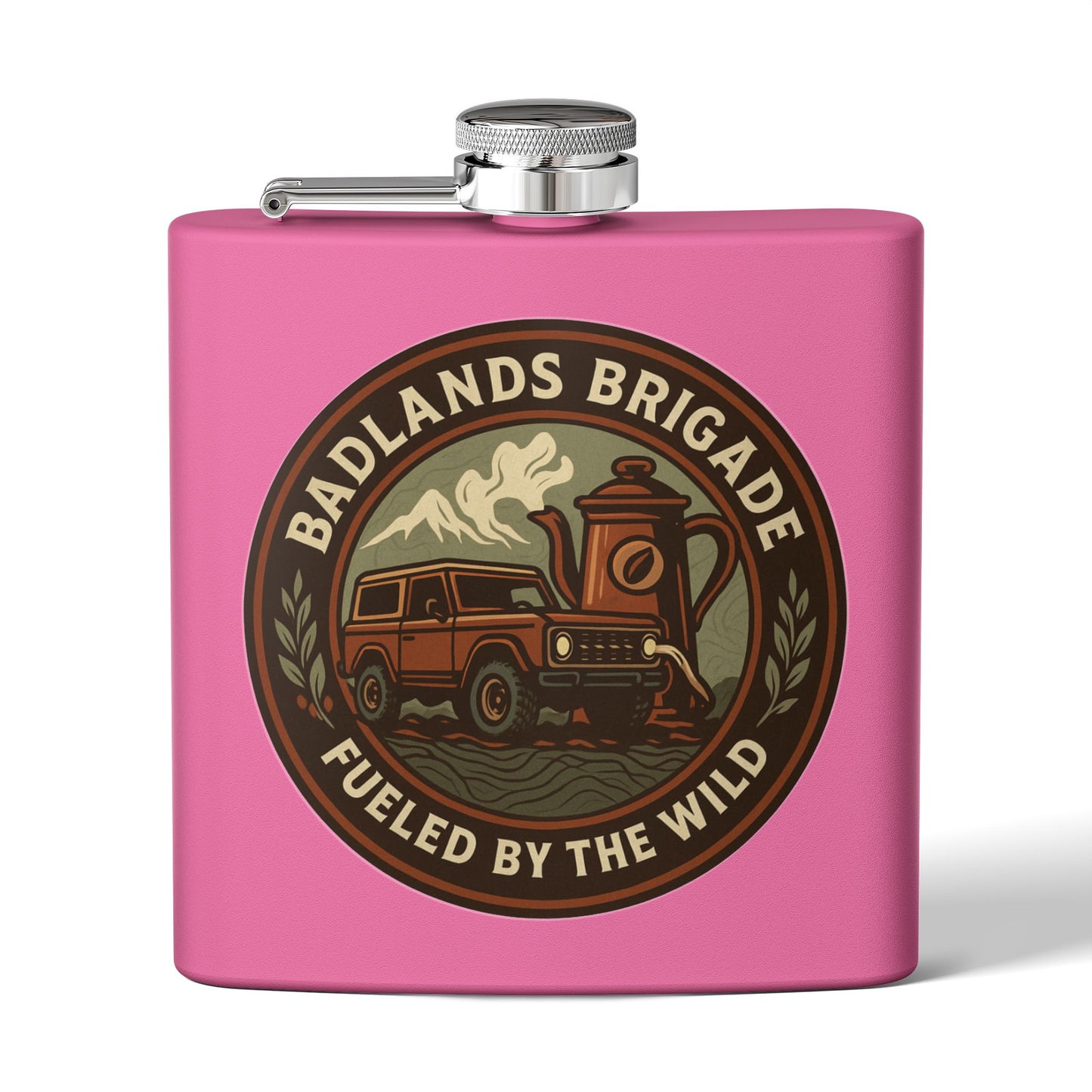 Fueled by the Wild - Badlands Brigade, Outdoor Adventure Stainless Steel Flask - Badlands Brigade Design