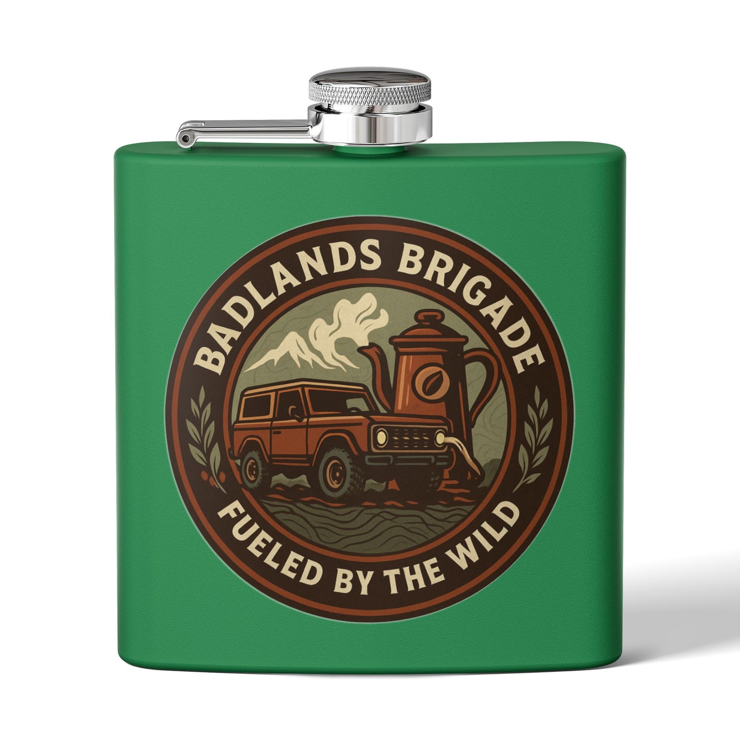 Fueled by the Wild - Badlands Brigade, Outdoor Adventure Stainless Steel Flask - Badlands Brigade Design