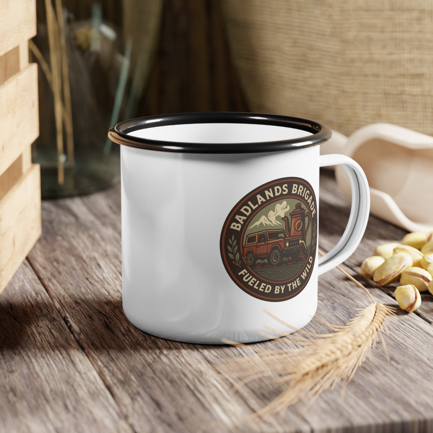Fueled by the Wild - Badlands Brigade, Campfire Enamel Camp Cup with Rustic Design