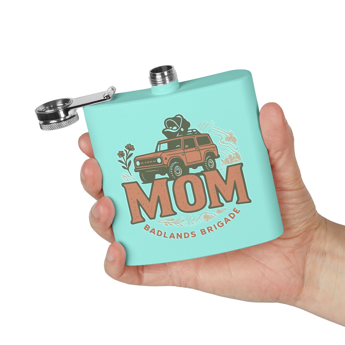 MOM's Adventure Flask - 6oz Stainless Steel Hip Flask with Badlands Brigade Design