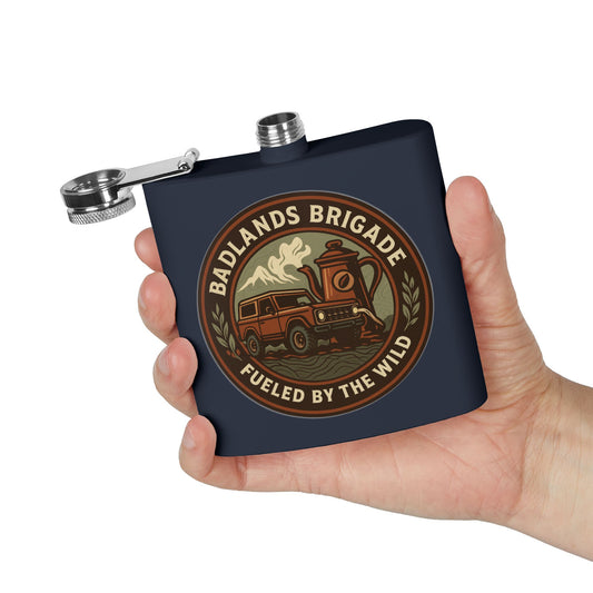 Fueled by the Wild - Badlands Brigade, Outdoor Adventure Stainless Steel Flask - Badlands Brigade Design