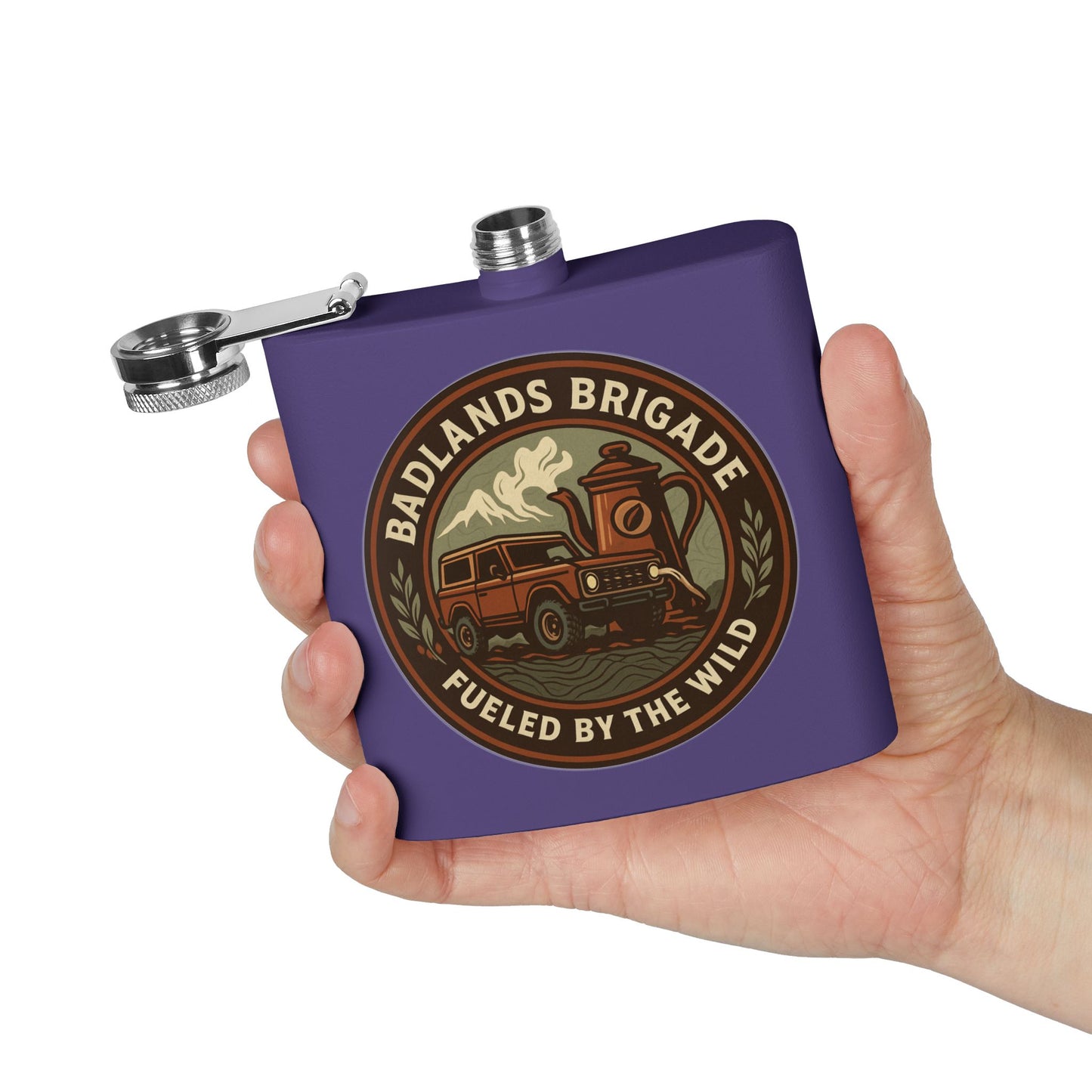 Fueled by the Wild - Badlands Brigade, Outdoor Adventure Stainless Steel Flask - Badlands Brigade Design