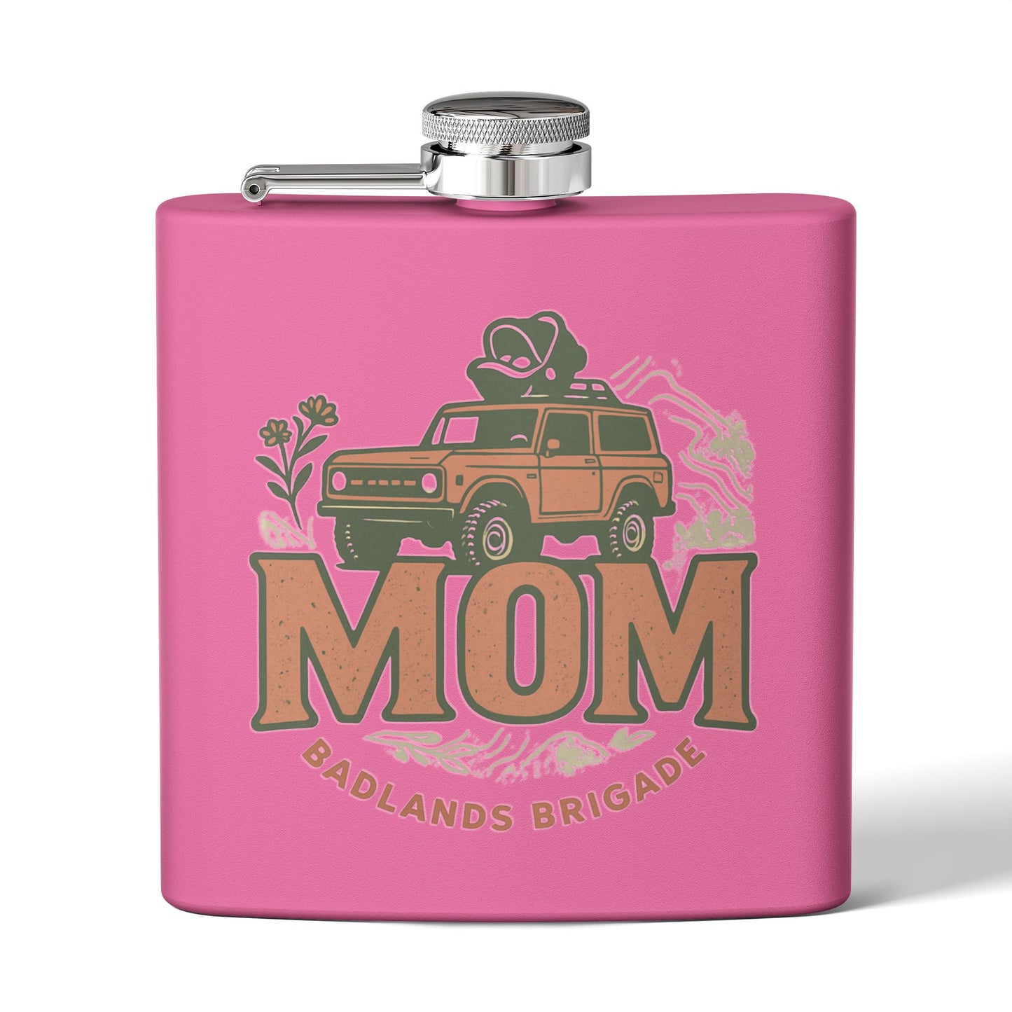 MOM's Adventure Flask - 6oz Stainless Steel Hip Flask with Badlands Brigade Design
