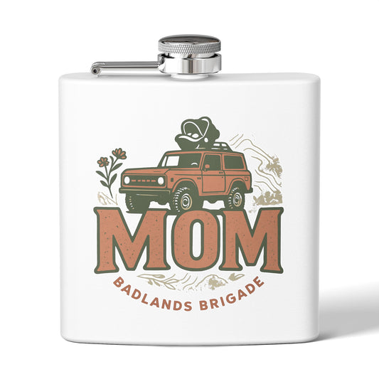 MOM's Adventure Flask - 6oz Stainless Steel Hip Flask with Badlands Brigade Design