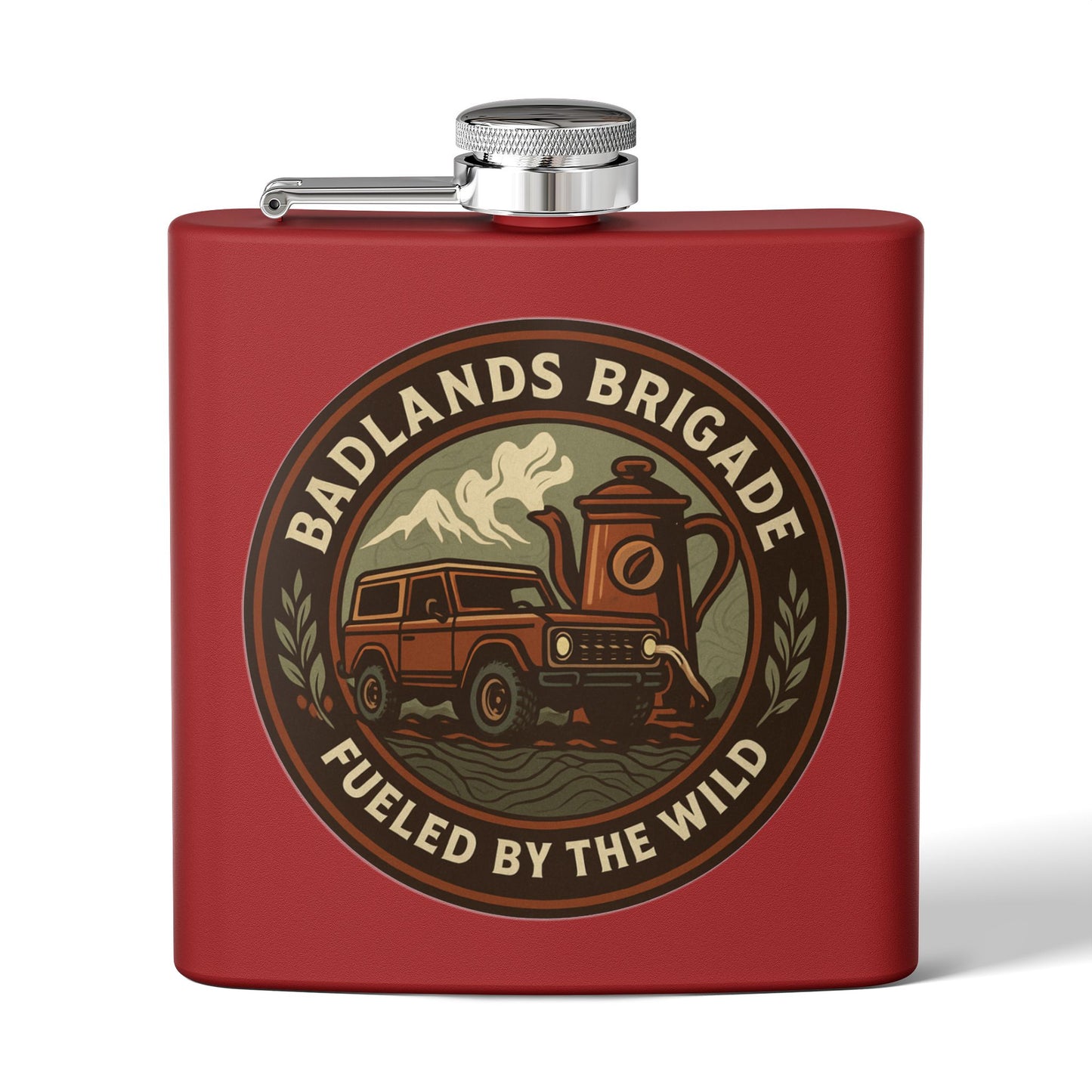 Fueled by the Wild - Badlands Brigade, Outdoor Adventure Stainless Steel Flask - Badlands Brigade Design