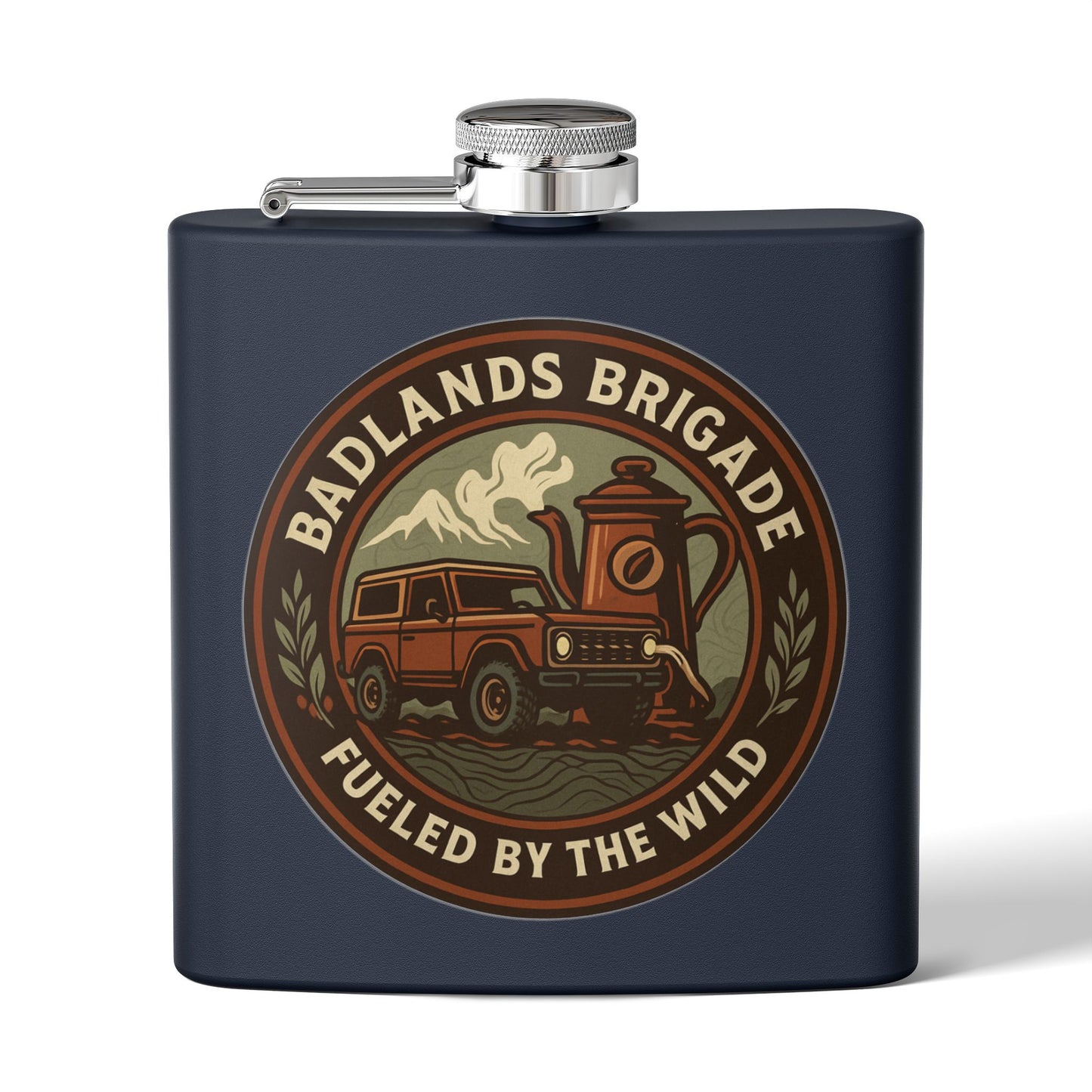 Fueled by the Wild - Badlands Brigade, Outdoor Adventure Stainless Steel Flask - Badlands Brigade Design