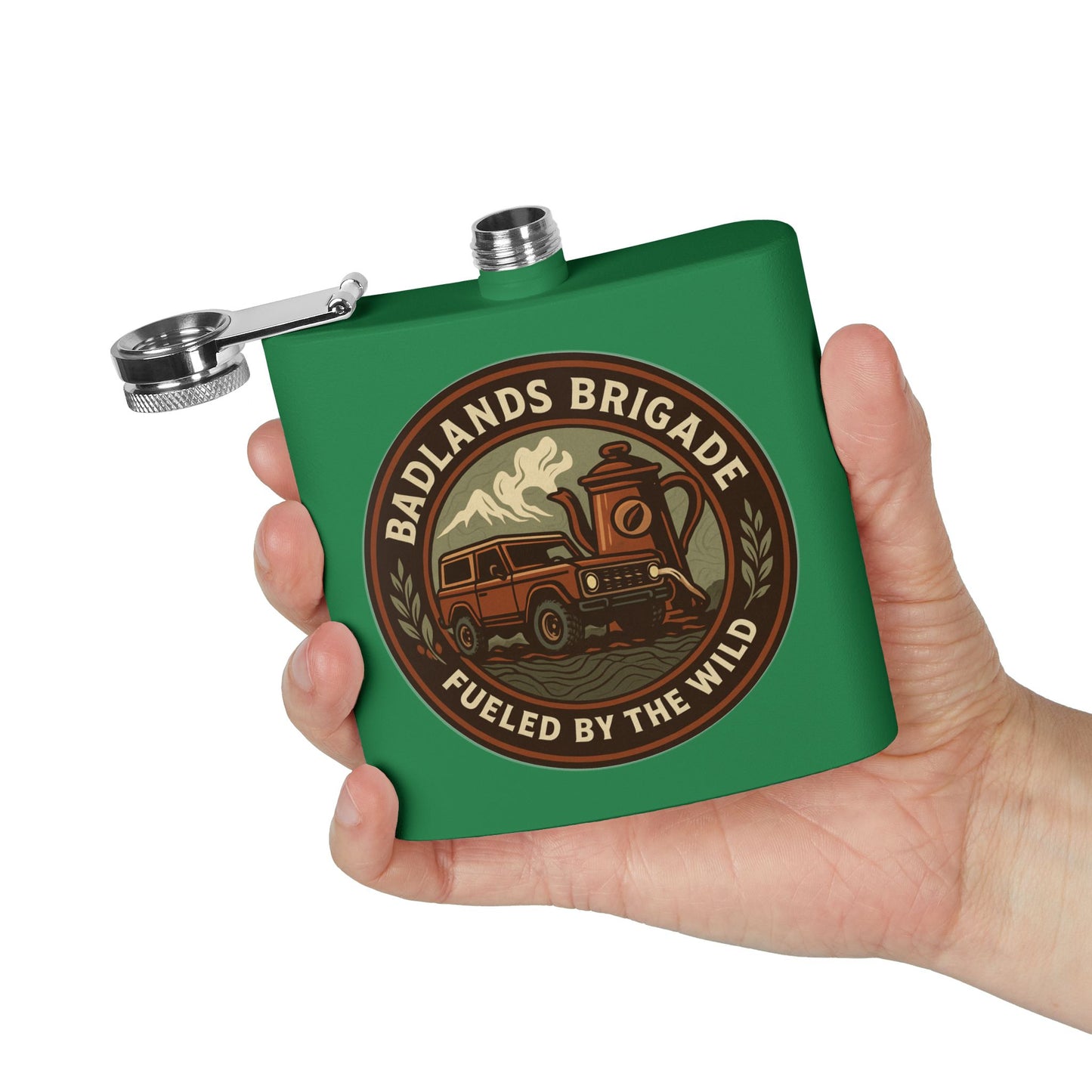 Fueled by the Wild - Badlands Brigade, Outdoor Adventure Stainless Steel Flask - Badlands Brigade Design