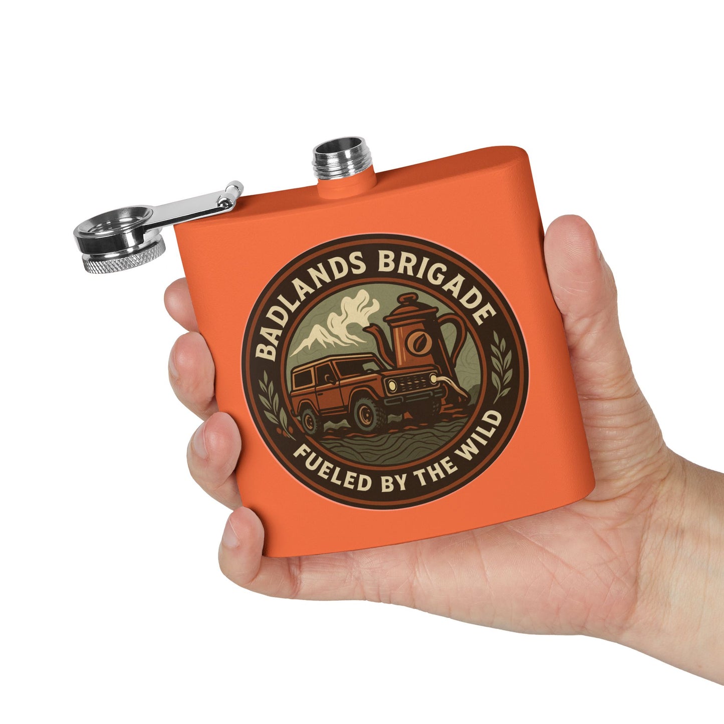 Fueled by the Wild - Badlands Brigade, Outdoor Adventure Stainless Steel Flask - Badlands Brigade Design