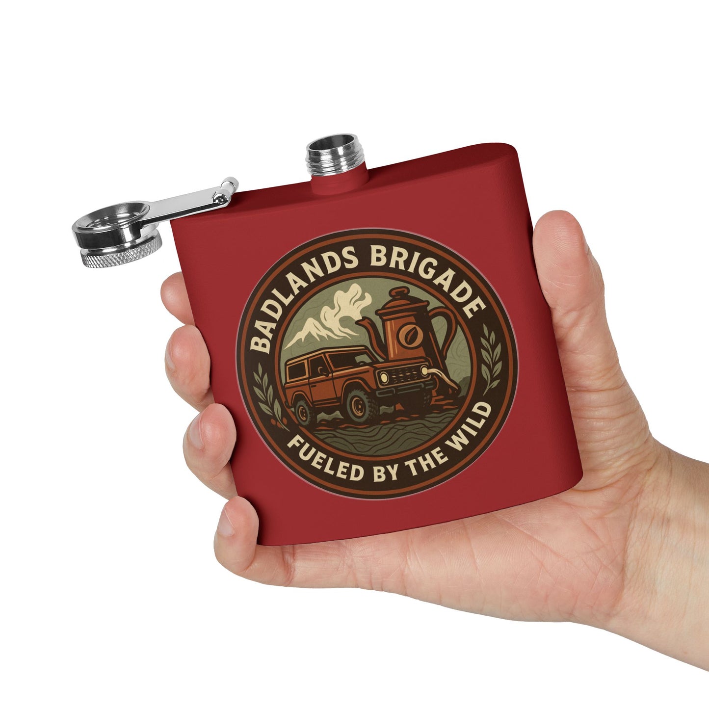 Fueled by the Wild - Badlands Brigade, Outdoor Adventure Stainless Steel Flask - Badlands Brigade Design