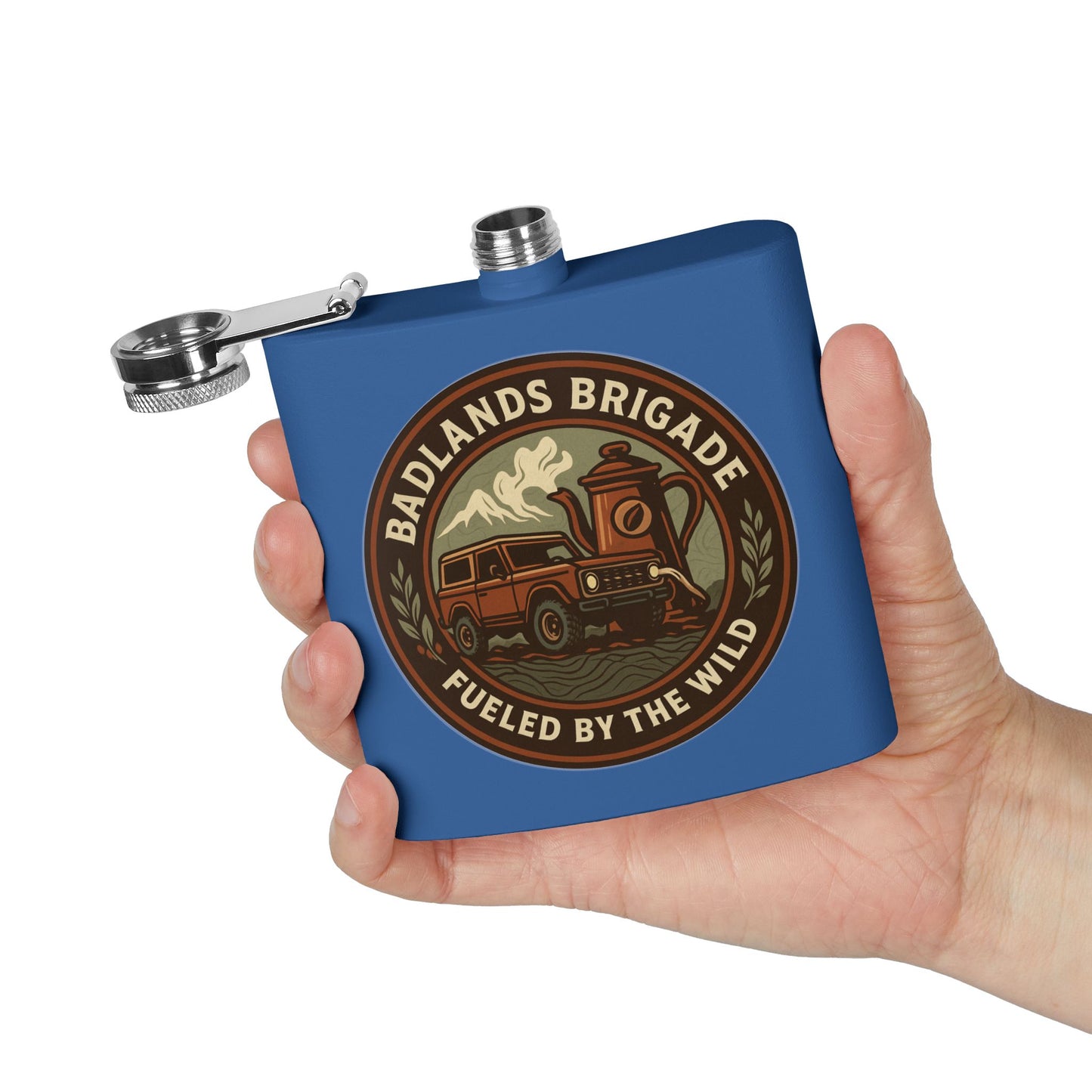 Fueled by the Wild - Badlands Brigade, Outdoor Adventure Stainless Steel Flask - Badlands Brigade Design