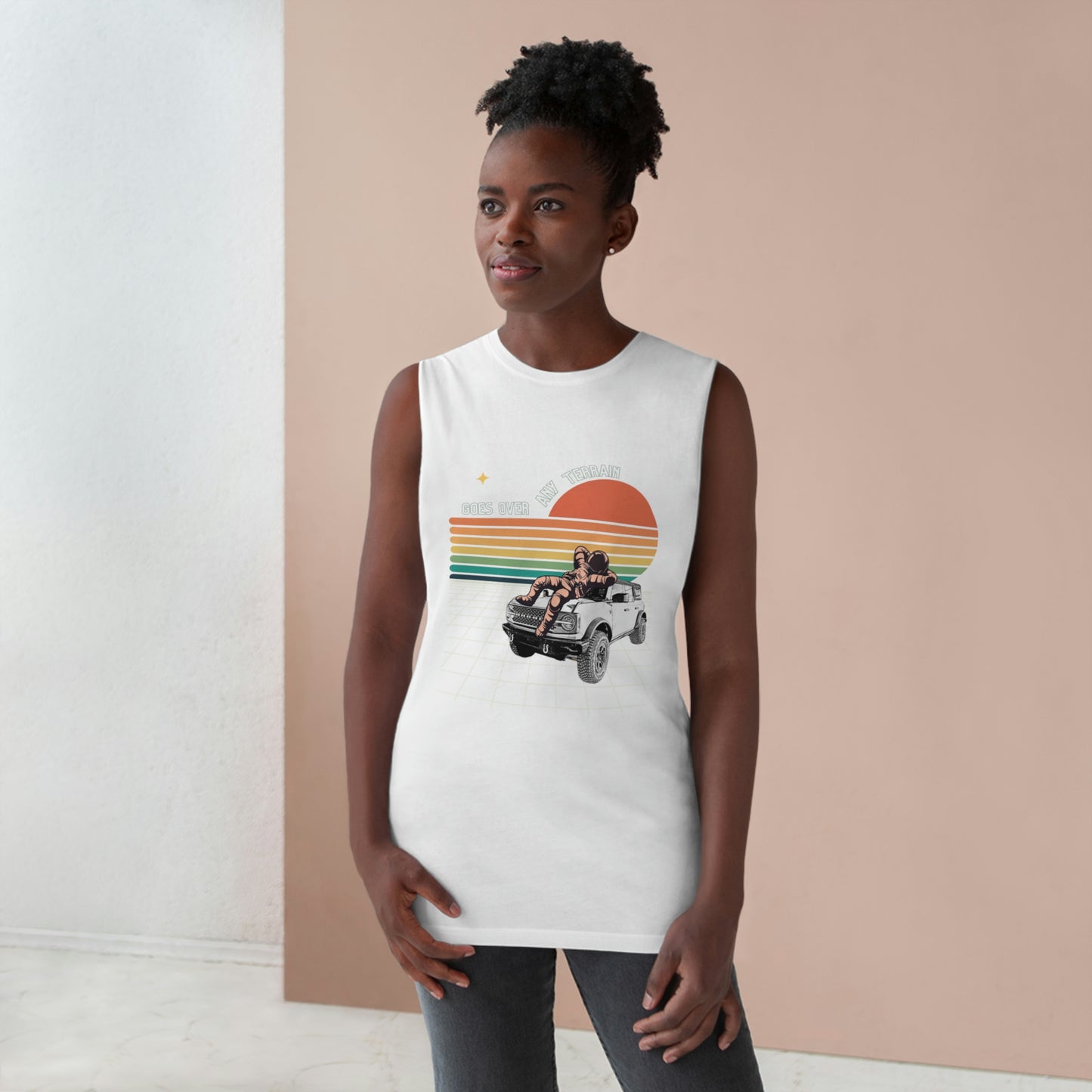 Bronco - Space - Astronaut- Goes Over Any Terrain - GOAT - Unisex Barnard Tank