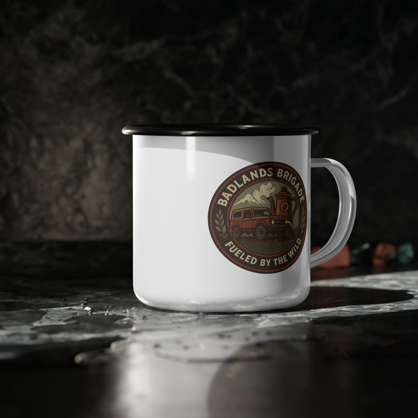 Fueled by the Wild - Badlands Brigade, Campfire Enamel Camp Cup with Rustic Design