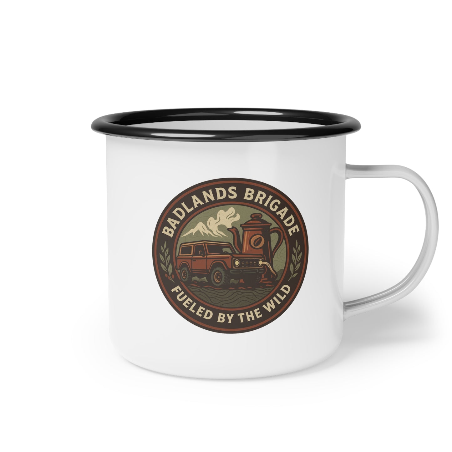 Fueled by the Wild - Badlands Brigade, Campfire Enamel Camp Cup with Rustic Design
